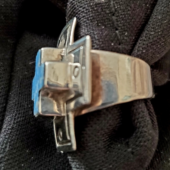 HANDCRAFTED ETCHED STERLING SILVER BLUE TURQUOISE CROSS RING SZ 5 ONE OF A KIND! - Picture 5 of 8